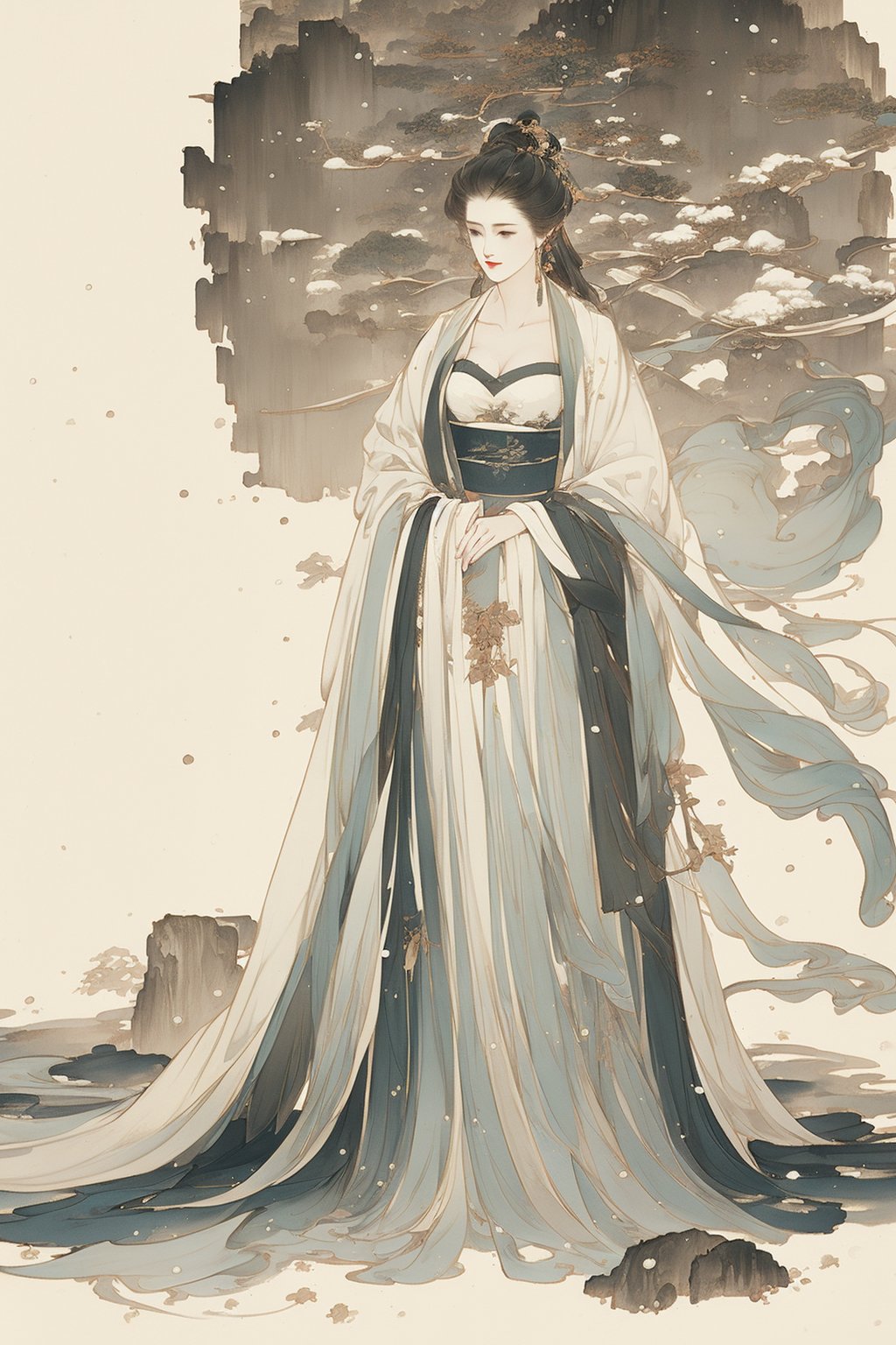 ((4k,masterpiece,best quality)),white,traditional chinese ink painting,1girl,((full body)),very long hair,hanfu,maxiskit,cleavage,((chiffon)),original,visual appeal,elegant posture,scenery,((snow scene)),(((Multi-Layered Textures))),