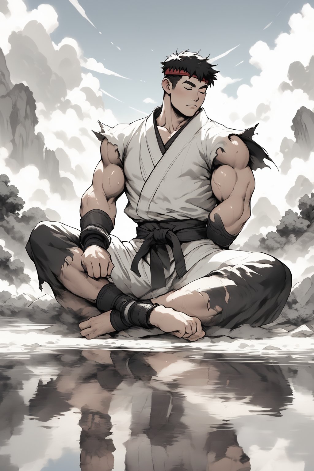 masterpiece,4K,best quality,ryu \(street fighter\),(full shot,black hair,short hair),red headband,white dougi,sleeveless,(torn clothes),white dojo pants,martial arts belt,red black fingerless gloves,barefoot,muscular,water surface,reflection,sky,sitting,crossed legs,(meditation,far away shot,closed eyes),sumi-e,monochrome,greyscale,ink art,sumi-e,