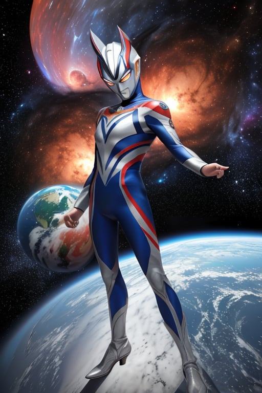 masterpiece,4K,best quality,(ultraman),(ultraman focus),(360 degrees photo to tiny planet),from above,360picture,(little planet),concept art,standing on the planet,(appearance pose),((hold one hand high)),make a fist,round planet,entrance move pose,signature move,universe,star,nebula,highly,space,