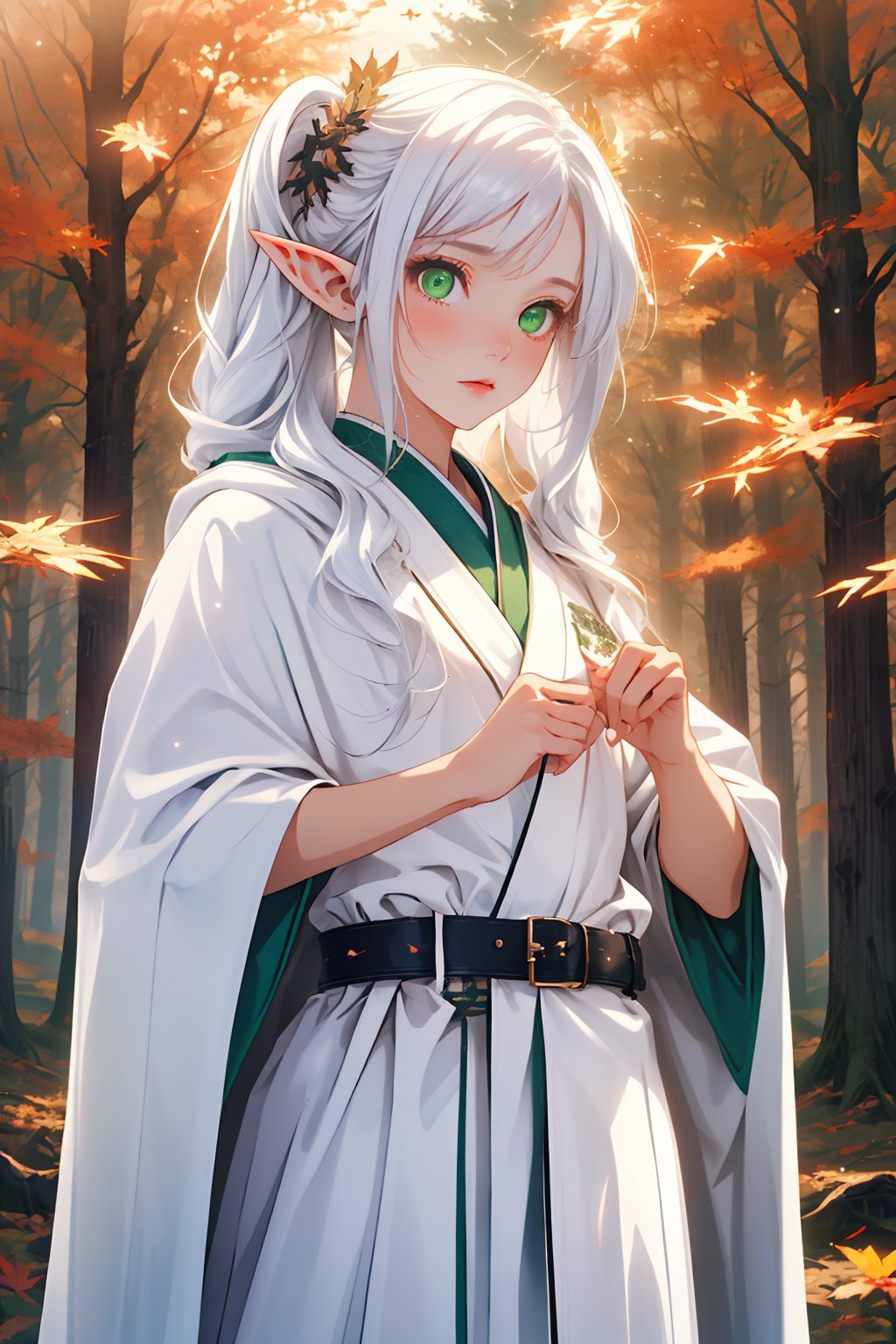 (masterpiece,best quality),((aesthetic,visual appeal)),(autumn,forest),(detailed eyes,green eyes),(petite,cute),((light particles,play of shadow and light)),(white cloak,white robe,belt),(long hair to waist,twintails,white hair),(Elf,beautiful female fingers),((adjusting hair)),pointy ears,