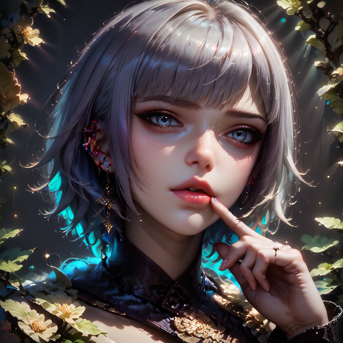 solo,(close up shot of face),(best quality),(detailed eyes),(beautiful female fingers,fingers raised,finger smear lips),(a bit cute),1girl,gray eyes,white hair,short hair,emo,Expressiveh,concept art,TY,BYK,light particles,play of shadow and light,abstract lighting effects,(glowing Sanskrit text and aura diffusion background)