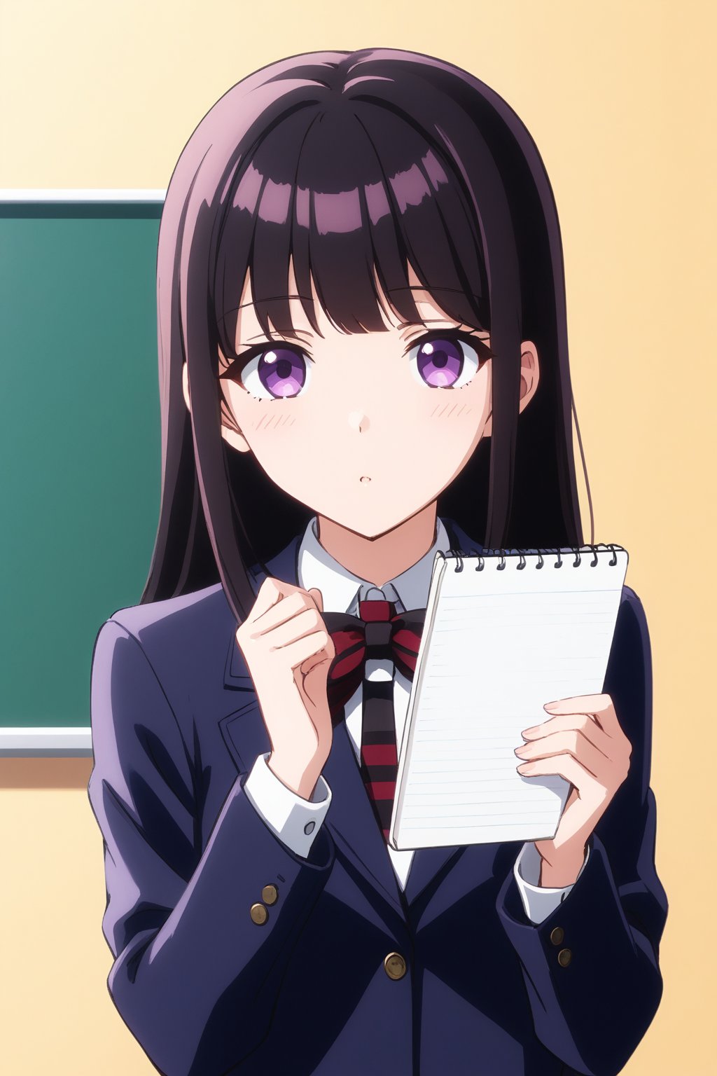 score_9, score_8_up, score_7_up, source_anime,(detailed eyes),Shouko Komi,1girl,(holding notebook),(notebook with text as "thank you"),(open notebook),(show notebook),(hands up),english text,long hair,bangs,black hair,purple eyes,blazer,blush,red and black striped bow tie,red and black striped pleated skirt,thighband pantyhose,style_brush,(notebook focus),(eyes highlights),blackboard,