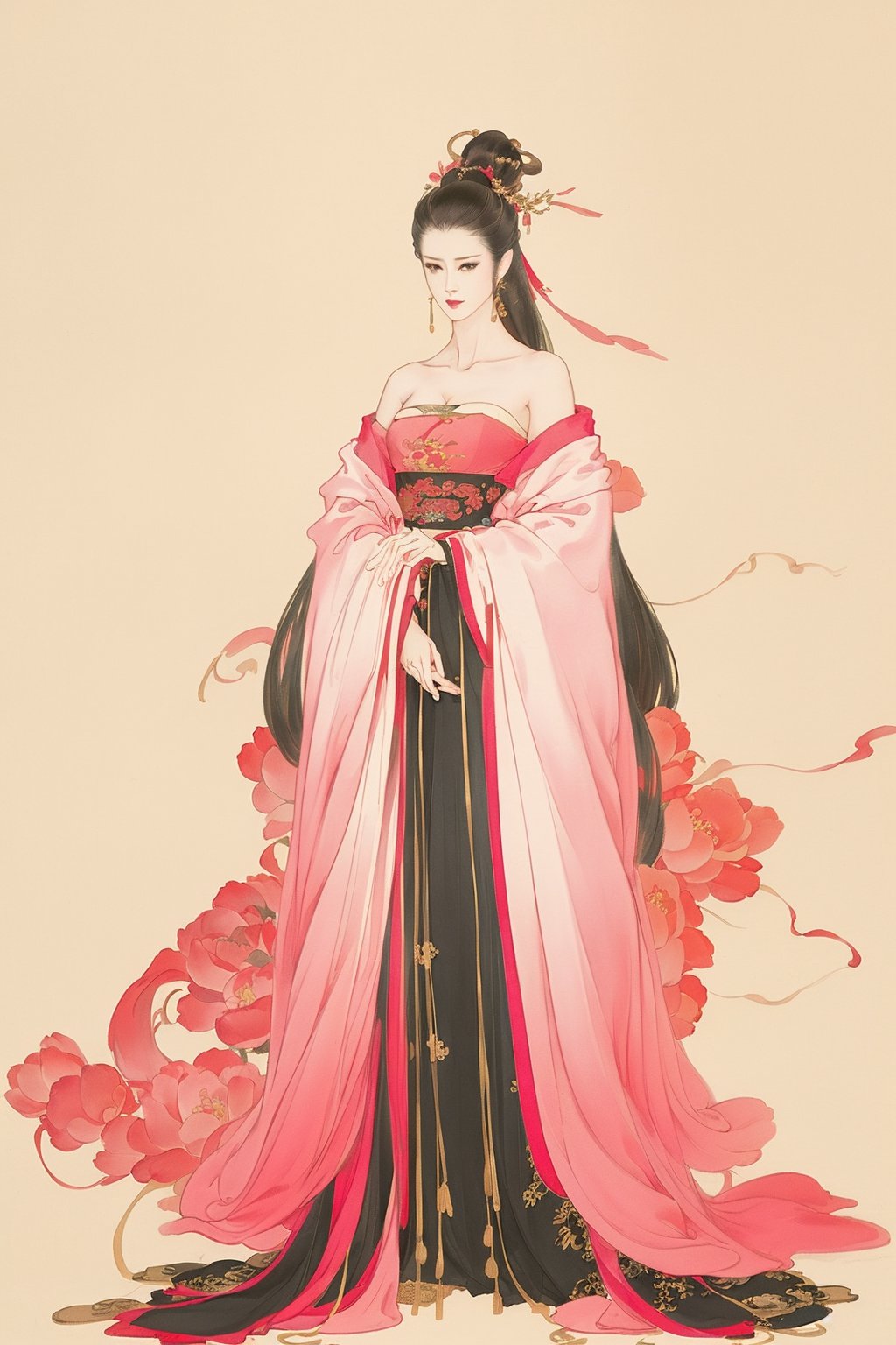 ((4k,masterpiece,best quality)),traditional chinese ink painting,1girl,(full body:1.3),very long hair,east asian architecture,slim,perfect body,glamour,hanfu,detailed eyes,original,(base color: pink),ancient dance,narrow skirt,cleavage,bare shoulders,strapless,elegant posture,