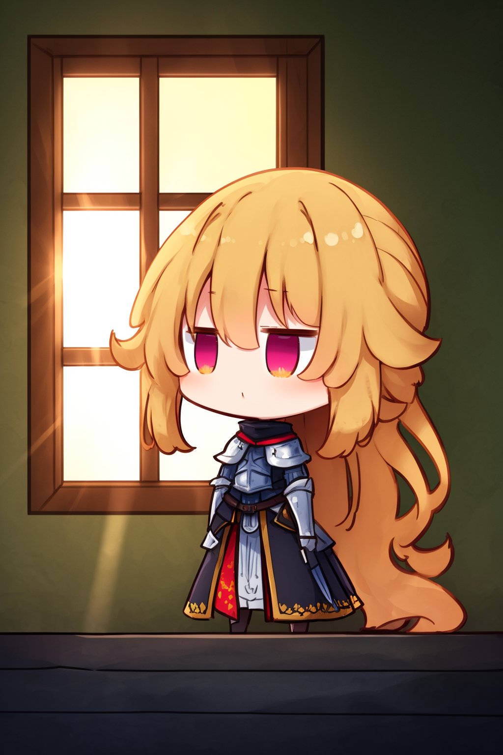 chibi,a majestic medieval scene: a lone female knight stands atop a hill, her raven-black armor gleaming in the warm sunlight that casts a golden glow across her long, flowing blonde locks. She holds her sword aloft, its radiant blade reflecting the sun's rays like a beacon. Her shield, adorned with vibrant phoenix motifs, rests at her side, as she surveys her surroundings with unwavering determination.