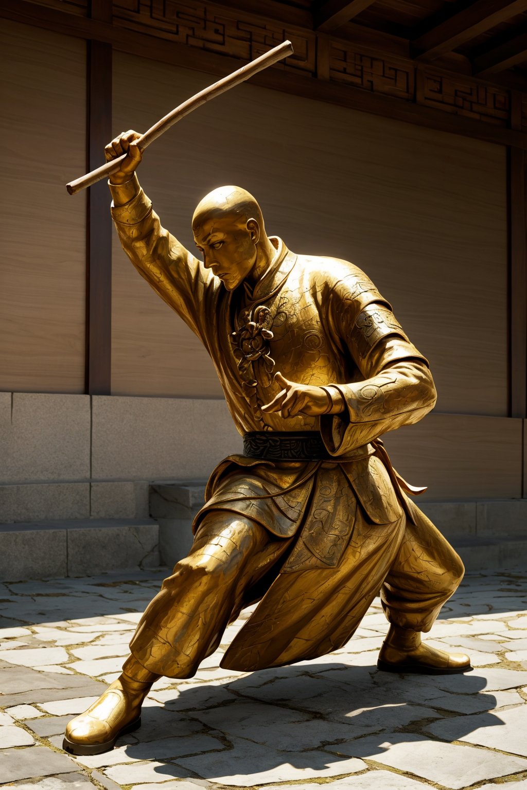 masterpiece,4K,best quality,(realistic),Multi-Layered Textures,visual appeal,gold,(((living statue))),whimsy,chinese style,wuxia,wushu monk,(bald),holding,long stick,stone tile floor,stone staircase,martial arts,dynamic pose,