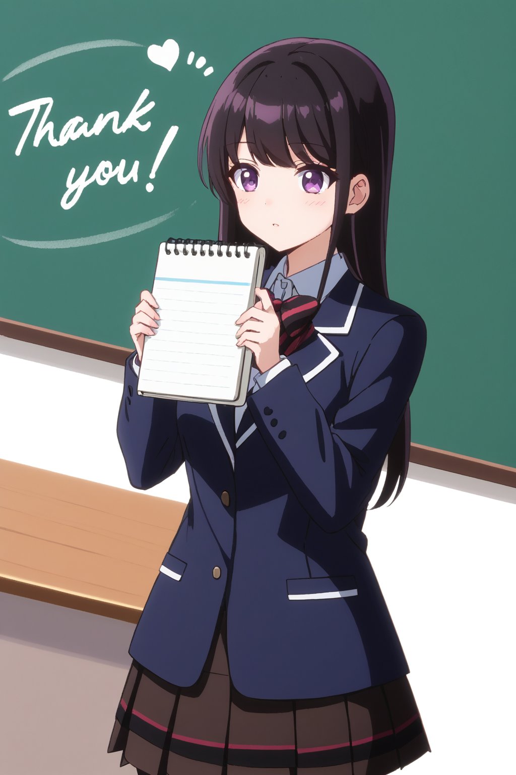 score_9, score_8_up, score_7_up, source_anime,(detailed eyes),Shouko Komi,1girl,(holding notebook),((notebook with text as "thank you")),(open notebook),(show notebook),(hands up),english text,long hair,bangs,black hair,purple eyes,blazer,blush,red and black striped bow tie,red and black striped pleated skirt,thighband pantyhose,style_brush,(notebook focus),(eyes highlights),blackboard,