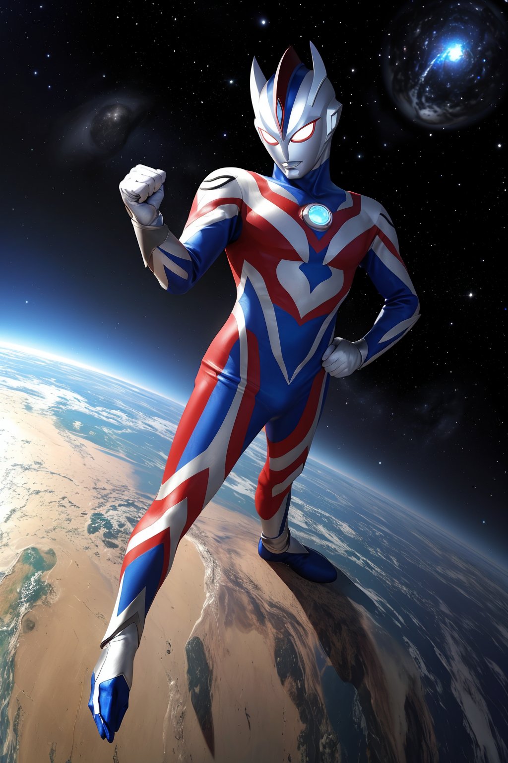 masterpiece,4K,best quality,(ultraman),(ultraman focus),(360 degrees photo to tiny planet),((from above)),360picture,(little planet),concept art,(standing on the planet),pose,(((hold one hand high))),(make a fist),(round planet),((universe background)),star,holding a planet,tiny planet,red gloves,