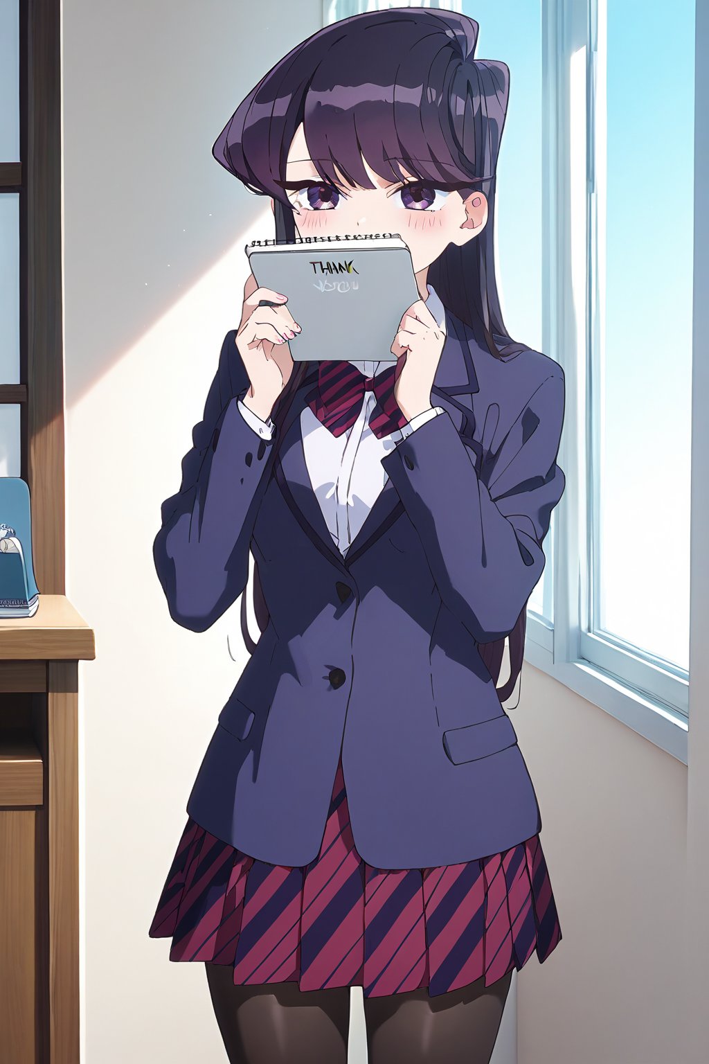 score_9, score_8_up, score_7_up, source_anime,(detailed eyes),Shouko Komi,1girl,(holding notebook),((notebook with text as "thank you")),(open notebook),((show notebook)),(hands up),english text,long hair,bangs,black hair,purple eyes,blazer,blush,red and black striped pleated skirt,thighband pantyhose,style_brush,(notebook focus),(eyes highlights),window,notebook covered mouth,