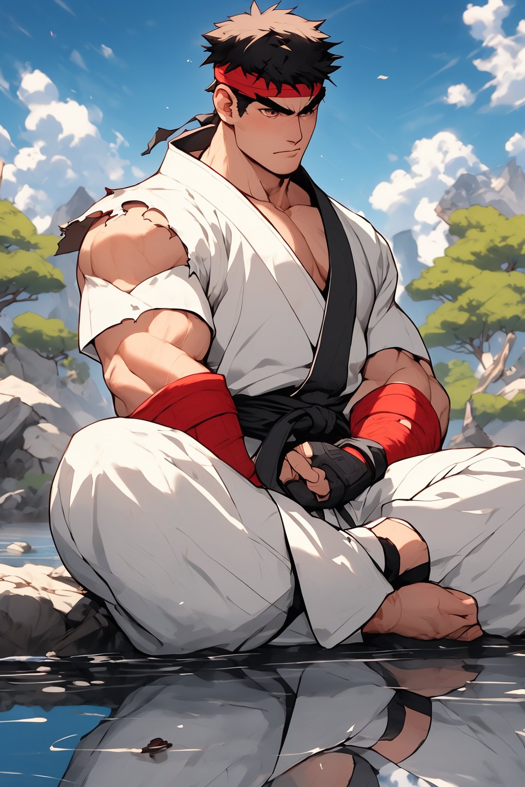 masterpiece,4K,best quality,ryu \(street fighter\),(full shot,black hair,short hair),red headband,white dougi,sleeveless,(torn clothes),white dojo pants,martial arts belt,red black fingerless gloves,barefoot,muscular,water surface,reflection,sky,sitting,crossed legs,(meditation,far away shot,closed eyes,sumi-e),