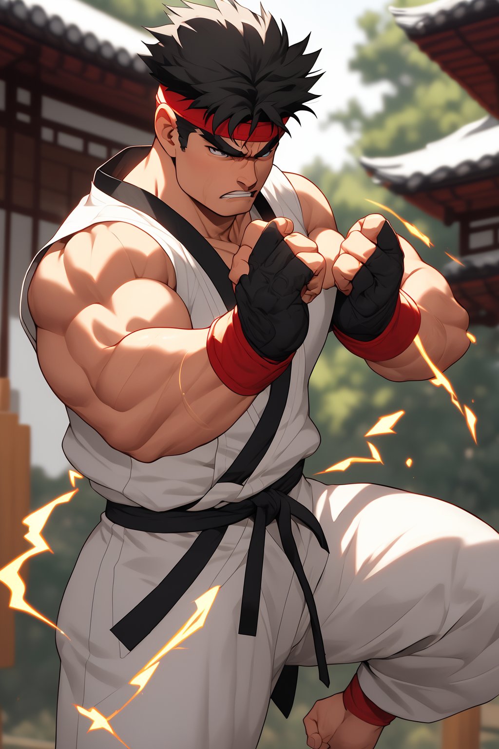 masterpiece,4K,best quality,(visual appeal),ryu \(street fighter\),(cowboy shot,black hair,short hair,detailed face,detailed eyes),red headband,white dougi,sleeveless,(torn clothes),white dojo pants,martial arts belt,red black fingerless gloves,barefoot,muscular,(standing),fighting stance,dynamic angle,dynamic pose,intense face,angry,clenched teeth,(motion blur,motion lines,mature,experienced,strong,glowing,electricity,east asian architecture),