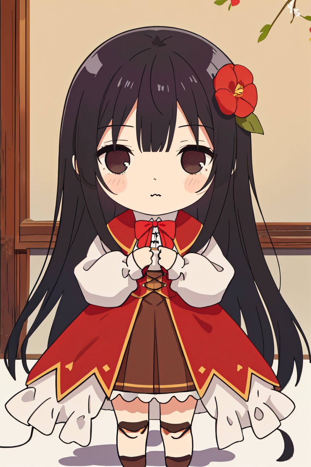 score_9, score_8_up, score_7_up, source_anime, (masterpiece,best quality,chibi,cute and adorable,kawaii),yumielladolkness,black hair,very long hair,black eyes,red cape,brown pleated skirt,red corset lace-up skirt,(holding cute animal stuffed doll),(dreamy background),flowers,