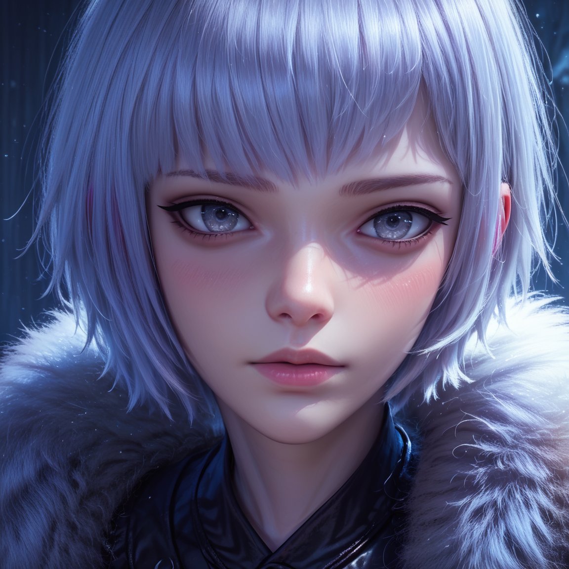 (score_9,score_8_up,score_7_up), ,(close up shot of face),(white hair),solo,best quality,delicate face,detailed facial features,detailed eyes,a bit cute,beautiful,gray eyes,short hair,blush,charming cold light background,TY,BYK,