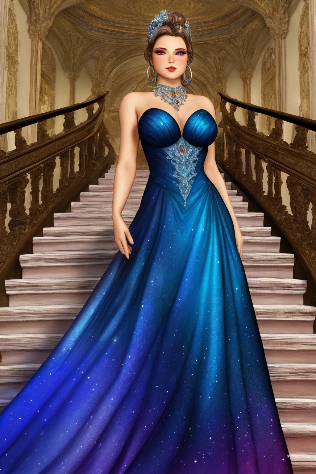 beautiful lady,(cowboy shot),glowing,jewelry,stairs,indoors,gorgeous,starry sky dress,long dress,fluffy hoop skirt,elegant posture,masterpiece,4K,best quality,beautiful and aesthetic,exquisite details and textures groundcore,ultra-detailed,more detail,detailed pencil strokes,gorgeous watercolor coloring,