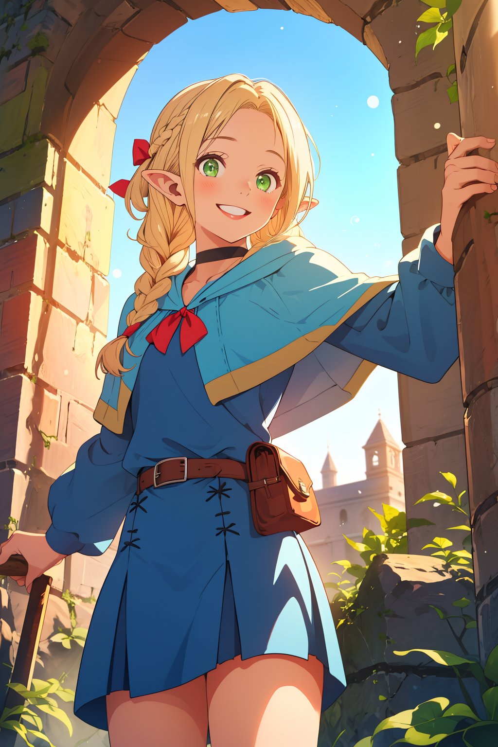 (masterpiece),4K,best quality,1girl,cowboy shot,marcille donato\donato marcille\(delicious in dungeon\),pointy ears,blonde hair,parted bangs,hair ribbon,green eyes,red choker,light blue capelet,hooded capelet,ribbon,dark blue dress,brown belt,belt pouch, french braid twin braids,stone bricks,arch,visual appeal,dynamic pose,smile,