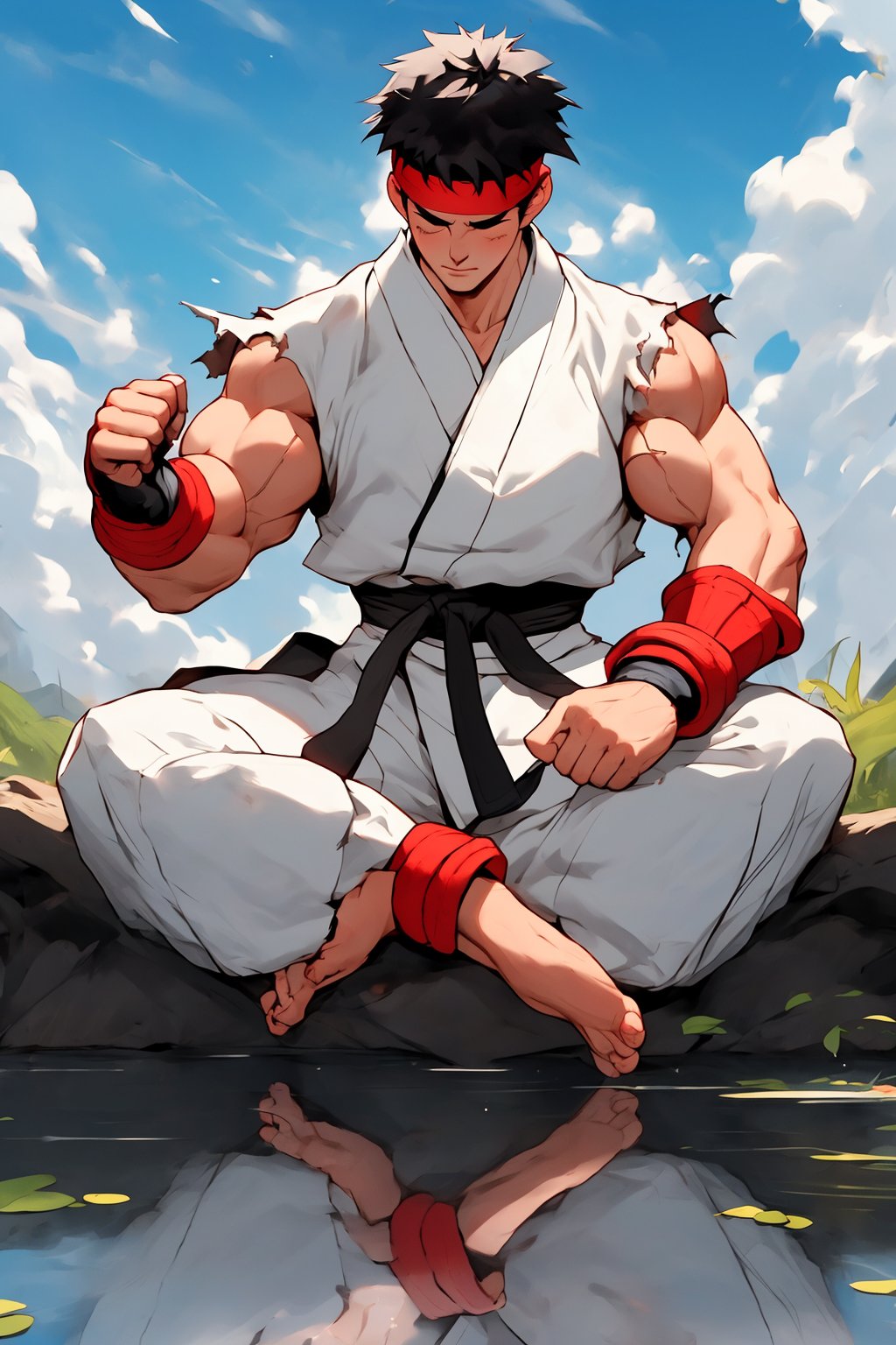 masterpiece,4K,best quality,ryu \(street fighter\),(full shot,black hair,short hair),red headband,white dougi,sleeveless,(torn clothes),white dojo pants,martial arts belt,red black fingerless gloves,barefoot,muscular,water surface,reflection,sky,sitting,crossed legs,meditation,(far away shot,closed eyes),