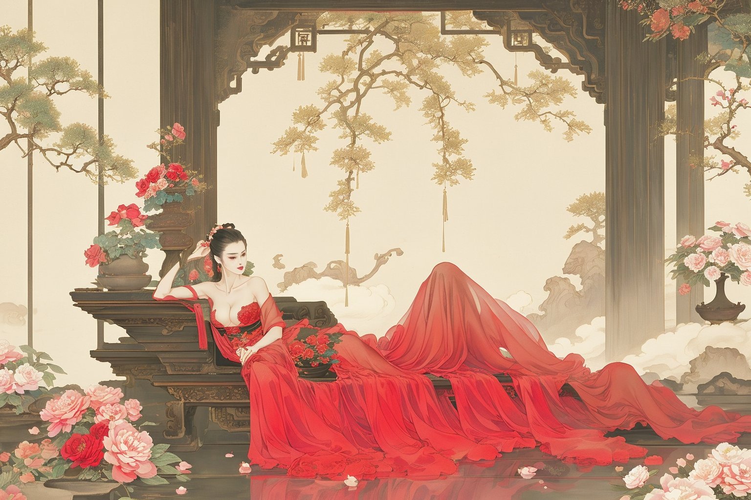 ((4k,masterpiece,best quality)),white,traditional chinese ink painting,1girl,((full body)),very long hair,hanfu,maxiskit,cleavage,((chiffon)),original,enchanting radiance,visual appeal,dynamic pose,((flowers,architecture,dreamlike)),indoors,((lying)),window,ancient chaise longue,