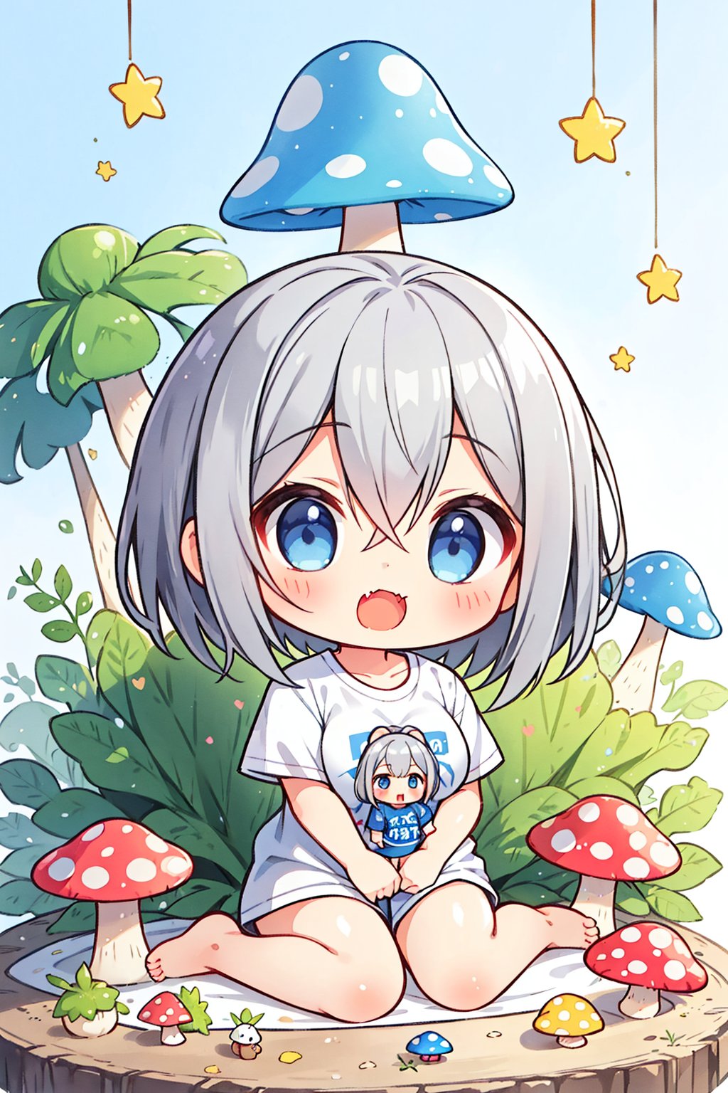 1girl,Magical POP Illustration,chibi,large breasts,short hair,blue eyes,bangs,skin fang,grey hair,hair between eyes,wide t-shirt,boyfriend style,short sleeves,barefoot,only wear t-shirt,white t-shirt,too big clothes,loose,no pants,much bigger clothes,(mini girl:1.3),wariza,Life-sized mushroom,sitting on the life-size mushroom,cute,kawaii,chibi style,huge head,