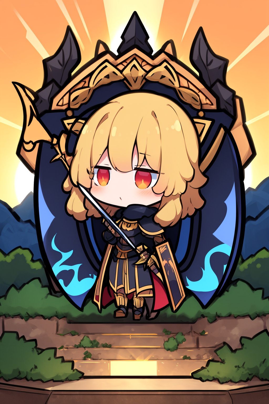 visual appeal,chibi,a majestic medieval scene: a lone female knight stands atop a hill, her raven-black armor gleaming in the warm sunlight that casts a golden glow across her long, flowing blonde locks. She holds her sword aloft, its radiant blade reflecting the sun's rays like a beacon. Her shield, adorned with vibrant phoenix motifs, rests at her side, as she surveys her surroundings with unwavering determination.