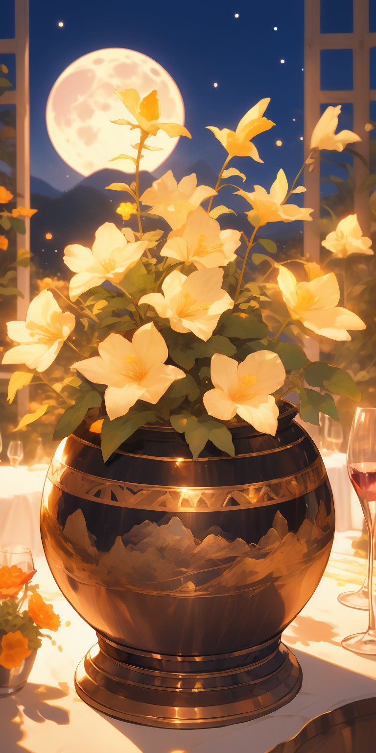 A pot of wine among the flowers, drinking alone without any blind date. Raise your glass to invite the bright moon, 
shadow,moonlight,
landscape,masterpiece,best quality,(visual appeal),(aethetic),niji5,