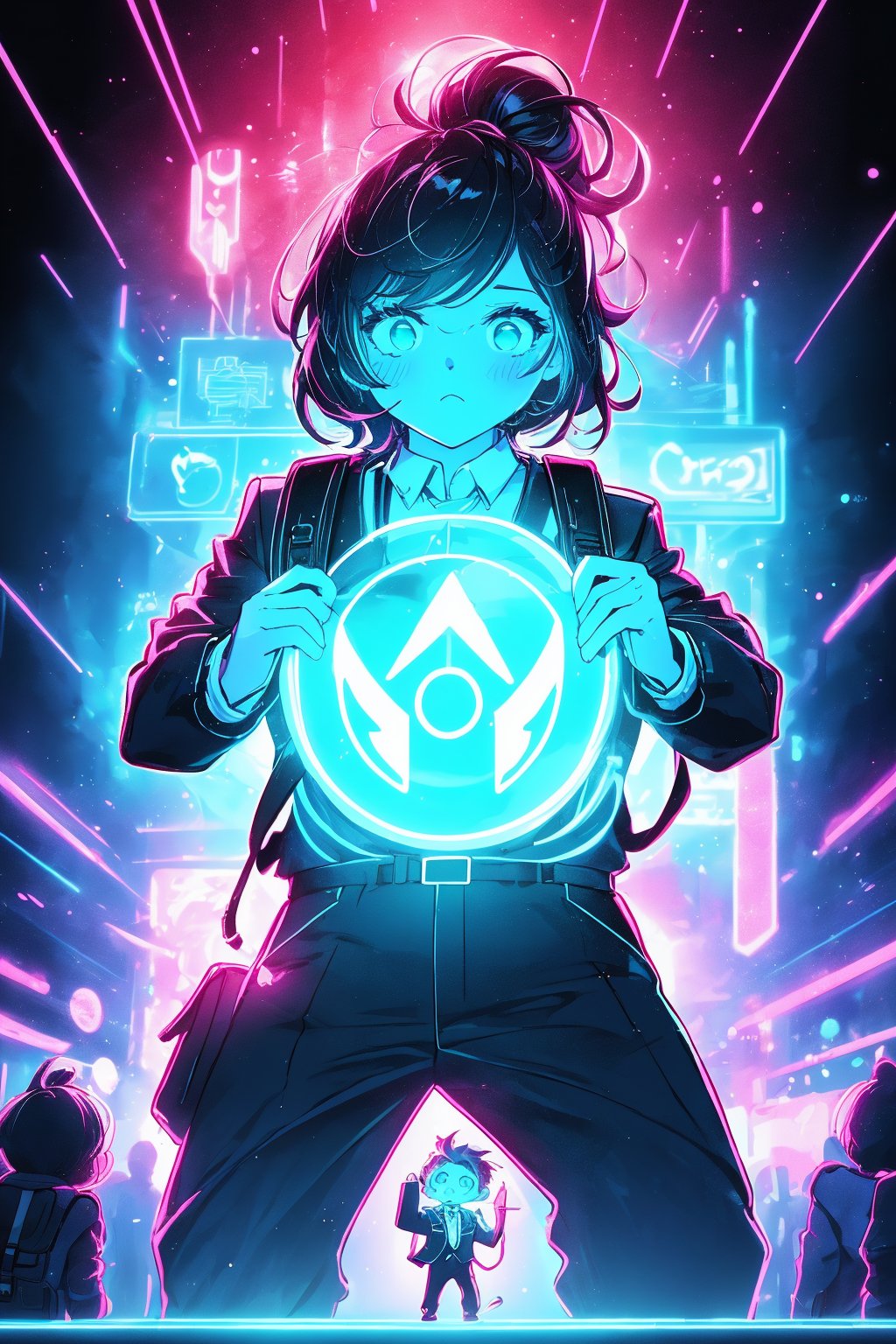 score_9,score_8_up,score_7_up,glowing outlines,Magical POP Illustration,game style,different world style,female businessman,extra large backpack,fantasy background,extremely excellent composition,chibi,neon lights,glowing outlines,neon,fantasy,dreamlike,concept,ancient,