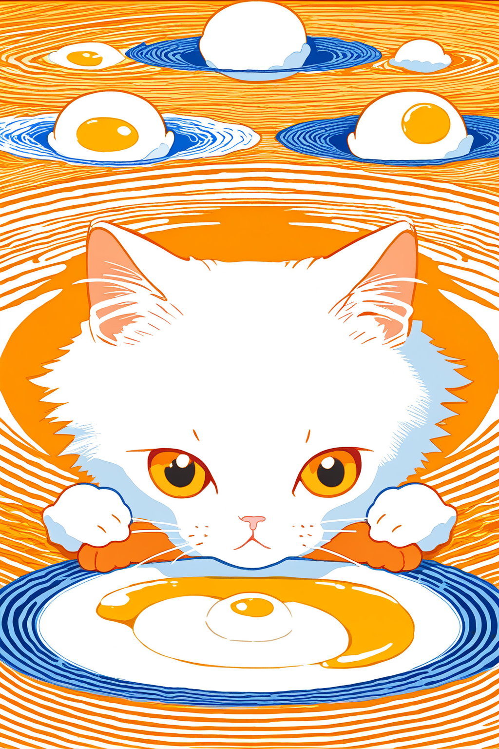 optical illusion,combine white cat,orange cat,poached eggs. connect these elements together,Deformed