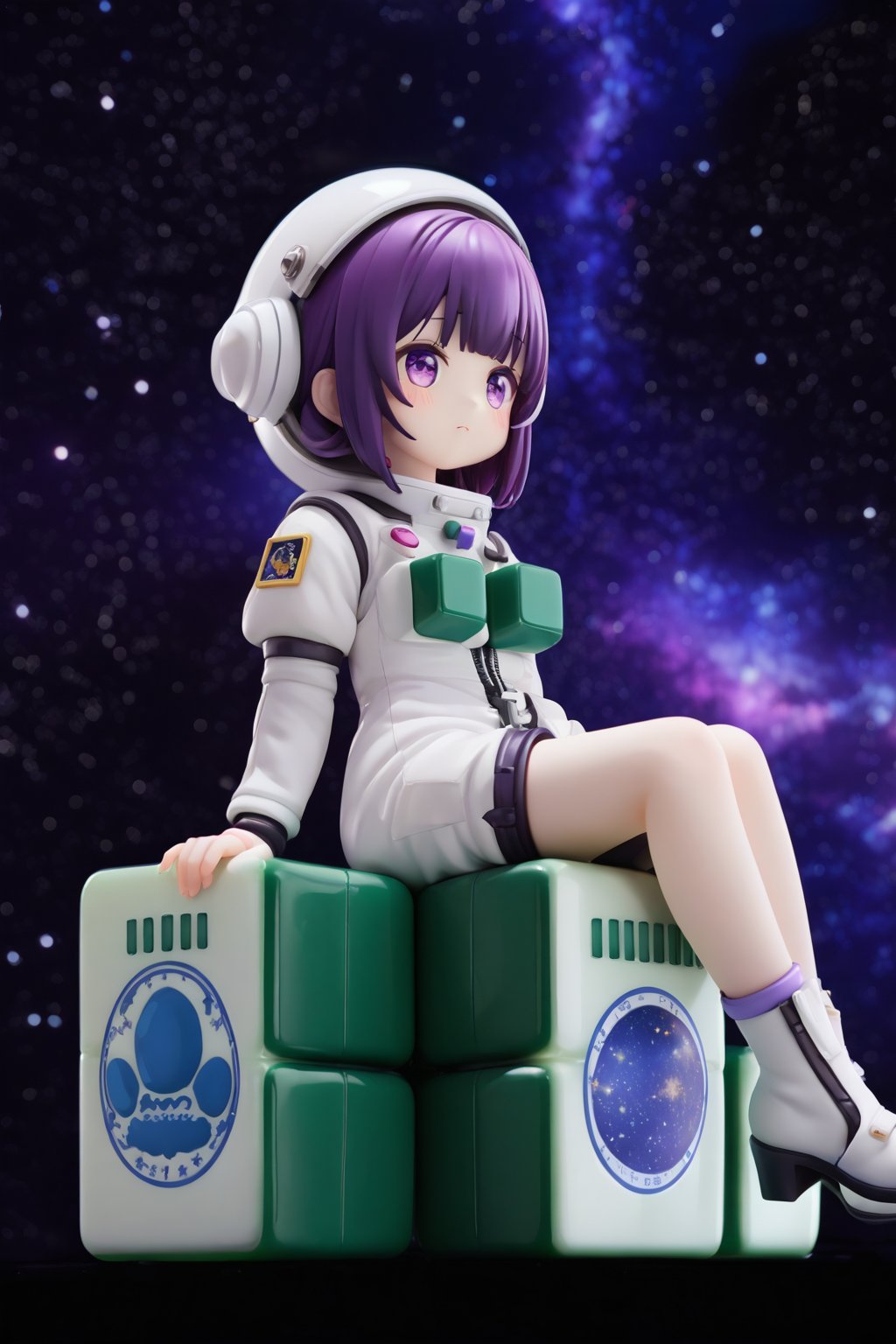 (1girl,little girl,girl focus),full body,kawaii,astronauts,(only one) mahjong,(giant mahjong),(sits on a giant mahjong tile),starry sky background,masterpiece,4K,best quality,fantasy,concept,(detailed eyes),meticulous,detail processing,((PVC Style)),space suit,spacesuit helmet,purple hair,purple eyes,(squinting eyes),