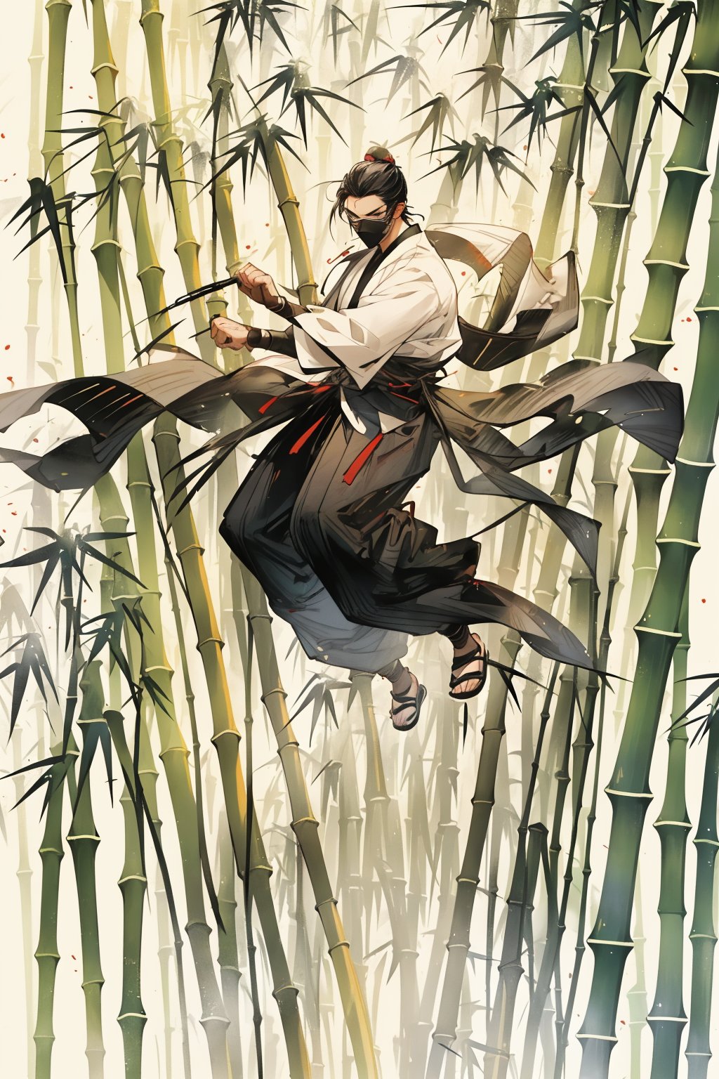 1boy,(bamboo grove:1.4),(full body:1.3),beautiful man,beautiful detailed face,extremely detailed eyes,extremely excellent composition,visual appeal,ink style,aethetic,8k Ultra HD,dynamic angle,dynamic pose,enchanting radiance,straw sandals,unrestrained,wild,unfettered,fighting stance,mask,covered mouth,jump into the air,