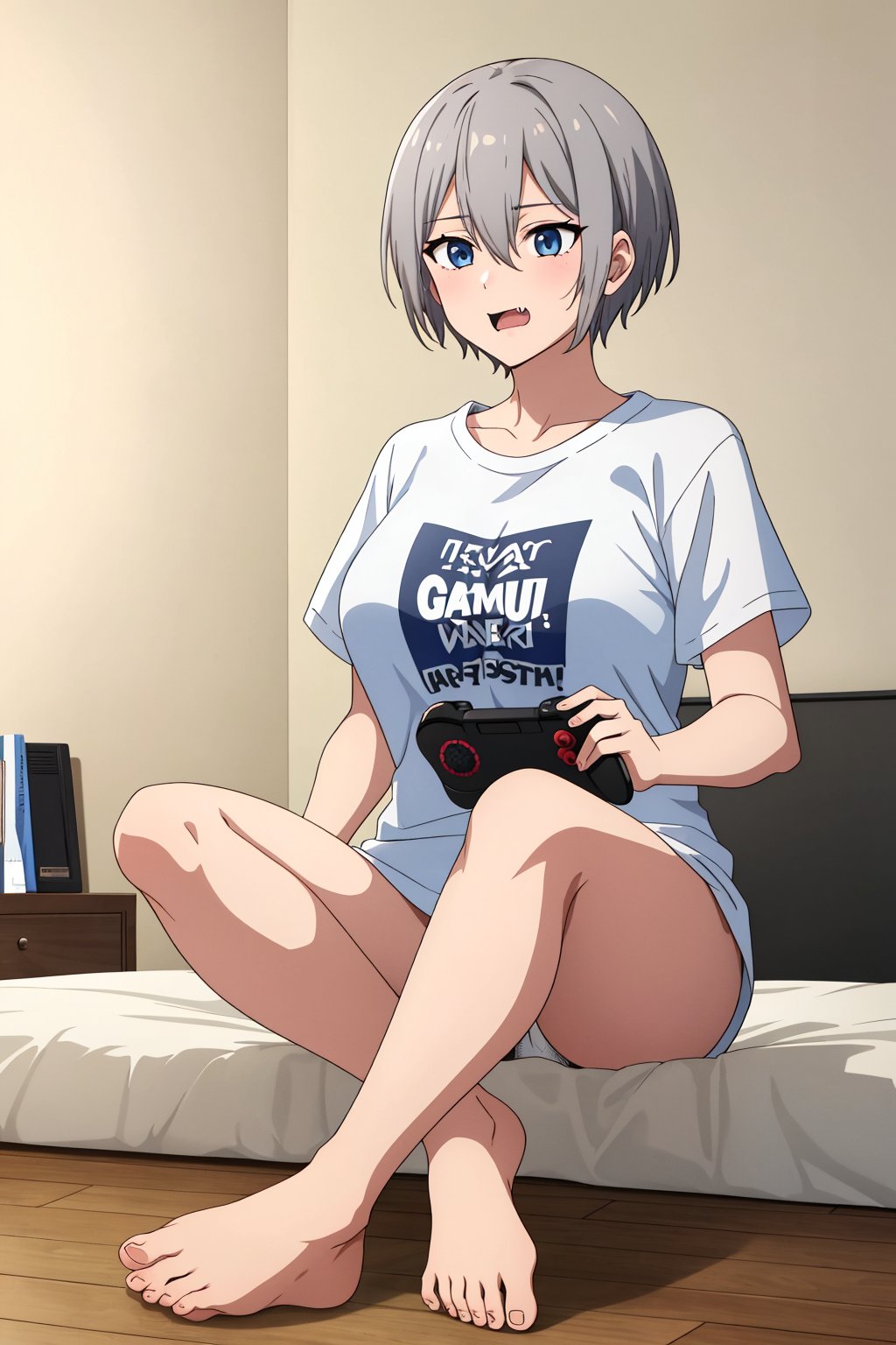 Hana Uzaki\,Uzaki Hana\,Uzaki-chan Wants to Hang Out\,1girl,large breasts,short hair,blue eyes,bangs,skin fang,grey hair,hair between eyes,wide t-shirt,boyfriend style,short sleeves,barefoot,only wear t-shirt,holding,gamepad,holding gamepad,sitting,crossed legs,sitting on the floor,white t-shirt,too big clothes,loose,underwear,no pants,bedroom,much bigger clothes,