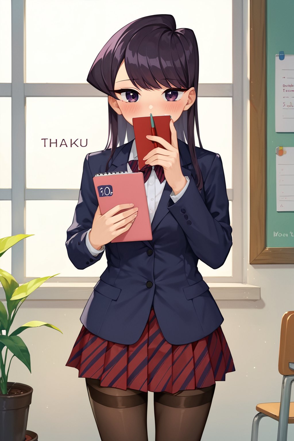 score_9, score_8_up, score_7_up, source_anime,(detailed eyes),Shouko Komi,1girl,(holding notebook),notebook with text thank you,((notebook with text as "thank you")),(open notebook),(show notebook),(hands up),english text,long hair,bangs,black hair,purple eyes,blazer,blush,red and black striped pleated skirt,thighband pantyhose,style_brush,(eyes highlights),window,notebook covered mouth,