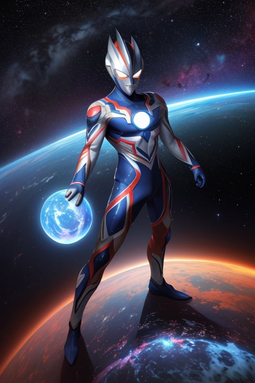 masterpiece,4K,best quality,(ultraman),(ultraman focus),(360 degrees photo to tiny planet),from above,360picture,(little planet),concept art,standing on the planet,(appearance pose),((hold one hand high)),make a fist,round planet,entrance move pose,signature move,universe,star,nebula,highly,space,