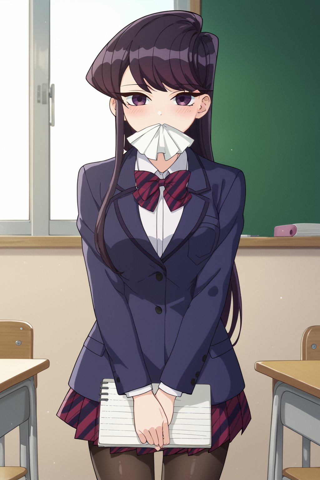 score_9, score_8_up, score_7_up, source_anime,(detailed eyes),komi shouko\,shouko komi\komi can't communicate\,1girl,cowboy shot,long hair,bangs,black hair,purple eyes,striped bow tie,dark blue blazer,white shirt,long sleeves,pleated skirt,black pantyhose,blush,holding,notebook,holding notebook,covering mouth,red and black striped bow tie,red and black striped pleated skirt,thighband pantyhose,miniskirt,((Notebook with text as "thank you" with pencil lettering)),school classroom,window,