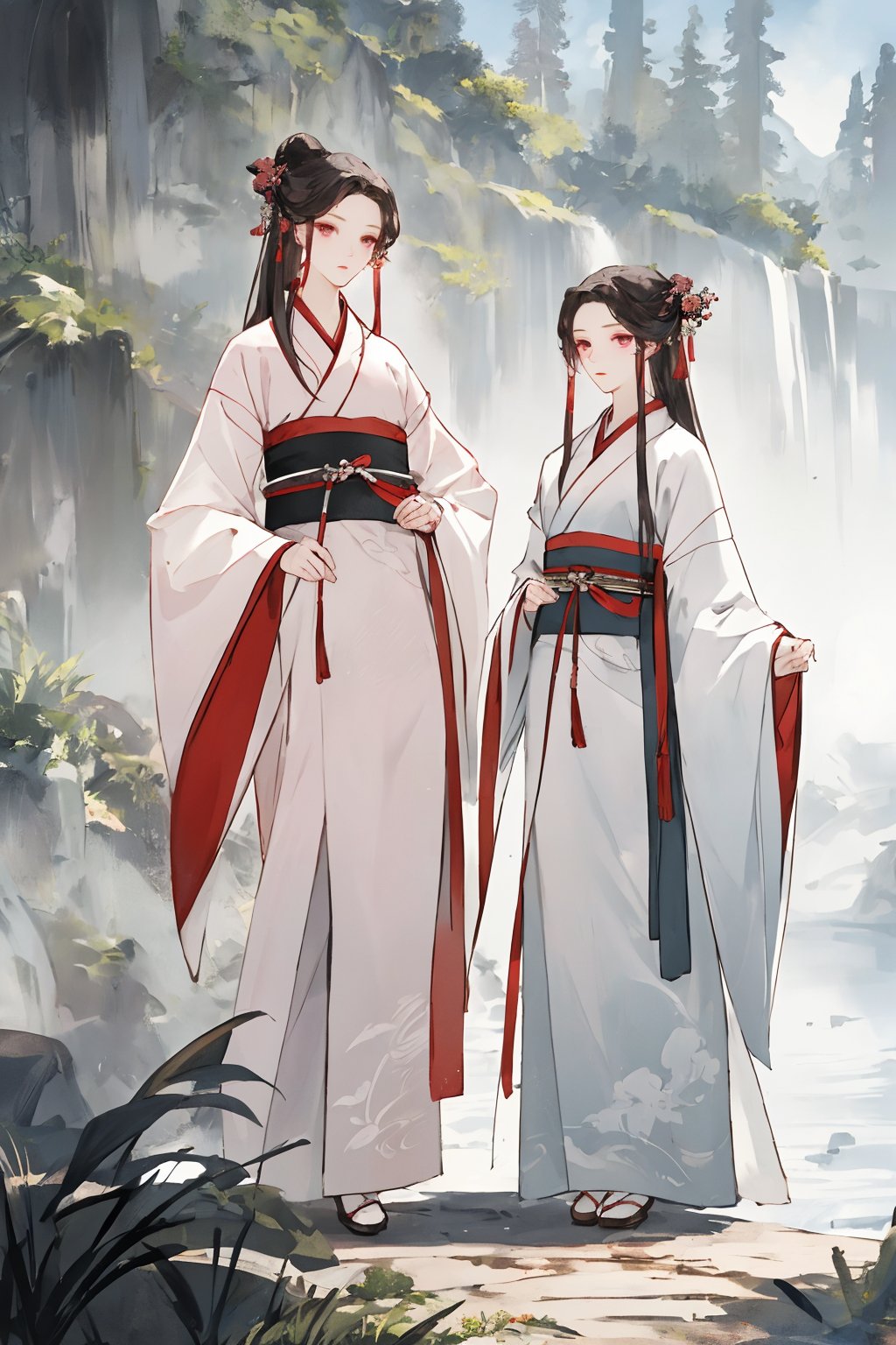 full body,scenery,delicate facial features,aethetic,extremely excellent composition,8k Ultra HD,deep eyes,demure,pink hanfu,extremely detailed eyes,visual appeal,