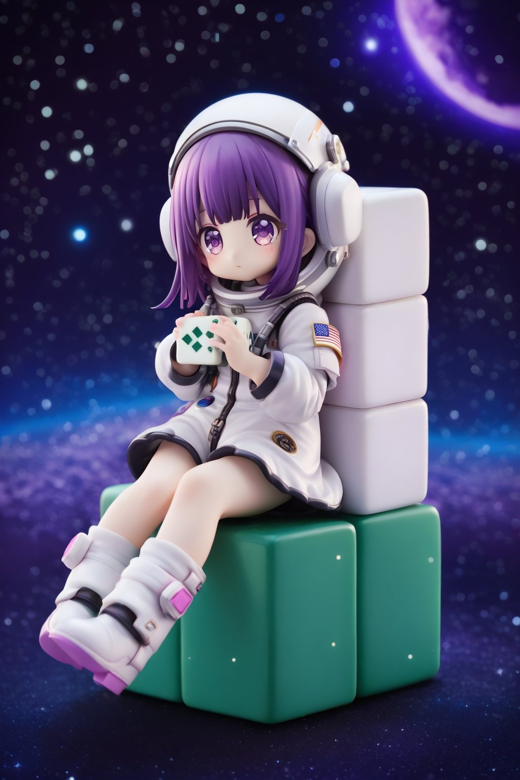 (1girl,little girl,girl focus),full body,kawaii,astronauts,(only one mahjong),(giant mahjong),(sits on a giant mahjong tile),starry sky background,masterpiece,4K,best quality,fantasy,concept,(detailed eyes),meticulous,detail processing,((PVC Style)),space suit,spacesuit helmet,purple hair,purple eyes,(boring eyes),