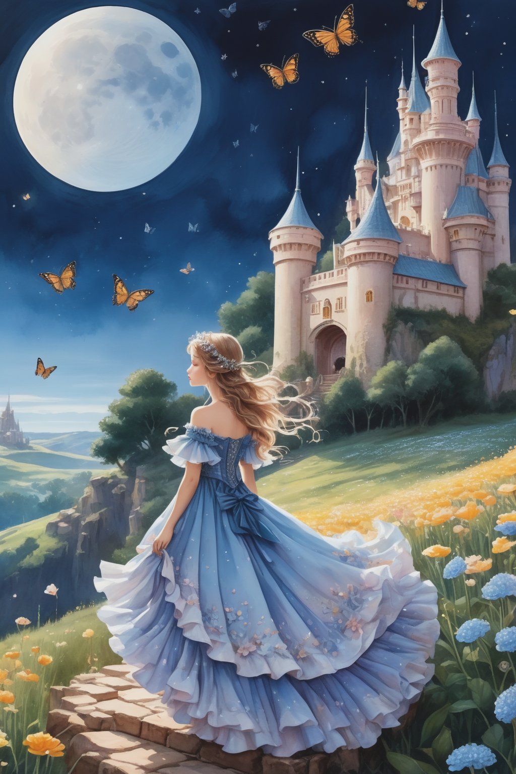 1 girl,cowboy shot,(gouache watercolor art,fairy tale illustrations),((ultra highly detailed)),(detailed filling,intricate image),(stunning image,complex background),(moon,scenery),(butterflies,flowers),(frilled dress,hair flower),(castle,architecture),(glowing,jewelry),(elf,little fairy),(ship,tree),(fantasy,dreamlike),(detailed eyes),(beautiful,aesthetic),(books,open book),