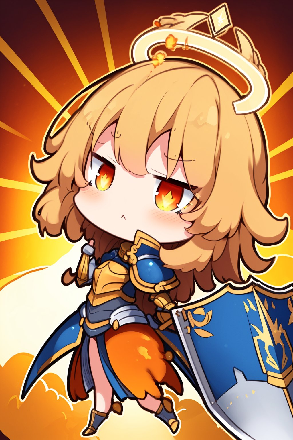 (masterpiece,best quality,visual appeal),chibi,a heroic close-up shot of a female knight, her golden locks cascading down her back like a fiery halo, as she raises her gleaming sword to the radiant sunlight. The phoenix pattern on her shield stands out vividly against her armor's metallic sheen, casting a warm glow on her determined expression.