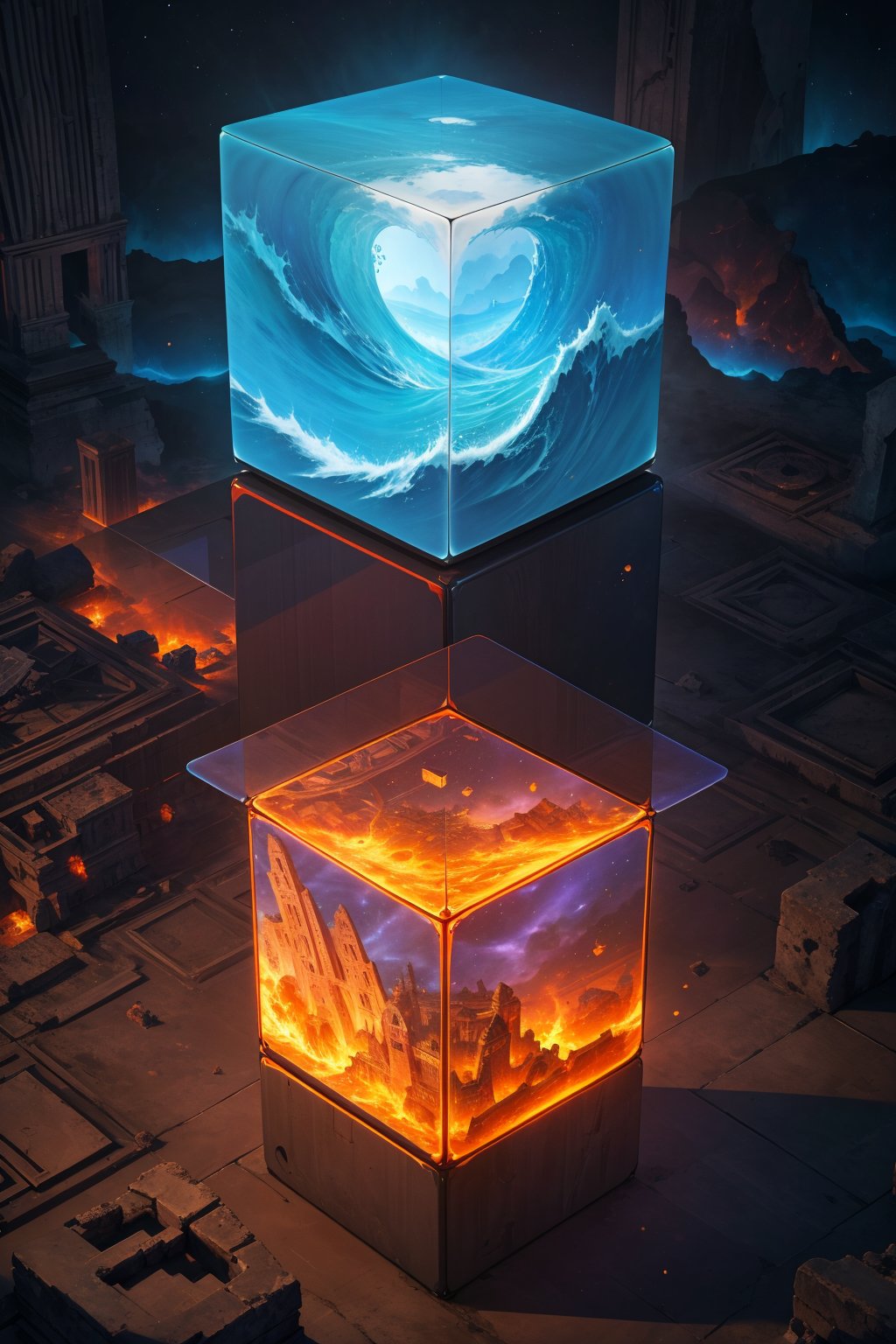 masterpiece,4K,best quality,visual appeal,fantasy,from above,(cube),(three visible sides of the cube display distinct perspectives),(ancient ruins background),universe,huge waves,magma,levitate,