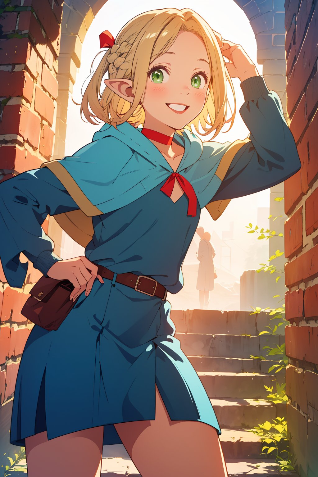 (masterpiece),4K,best quality,1girl,cowboy shot,marcille donato\donato marcille\(delicious in dungeon\),pointy ears,blonde hair,parted bangs,hair ribbon,green eyes,red choker,light blue capelet,hooded capelet,ribbon,dark blue dress,brown belt,belt pouch, french braid twin braids,stone bricks,arch,visual appeal,dynamic pose,smile,