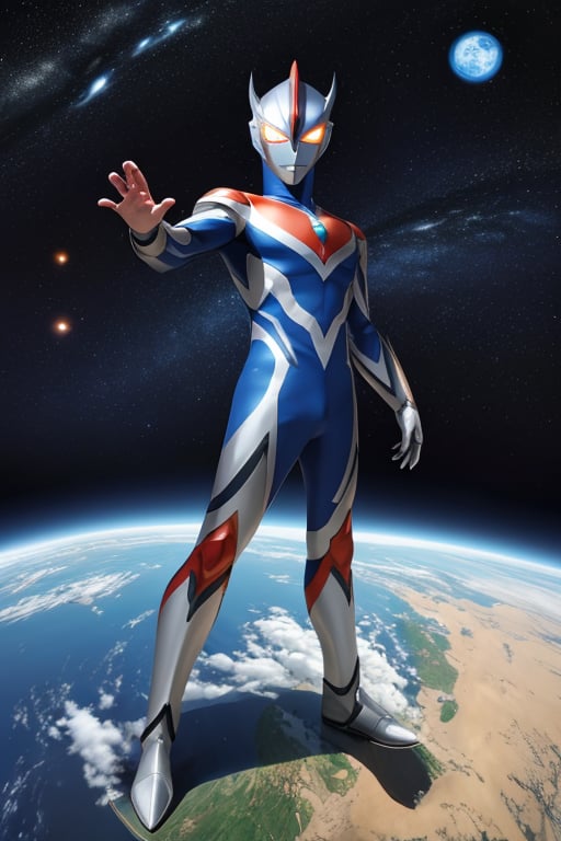 masterpiece,4K,best quality,(ultraman),(ultraman focus),(360 degrees photo to tiny planet),from above,360picture,((little planet)),concept art,(standing on the planet),pose,(((hold one hand high))),(clenched hand),round planet,(universe),star,