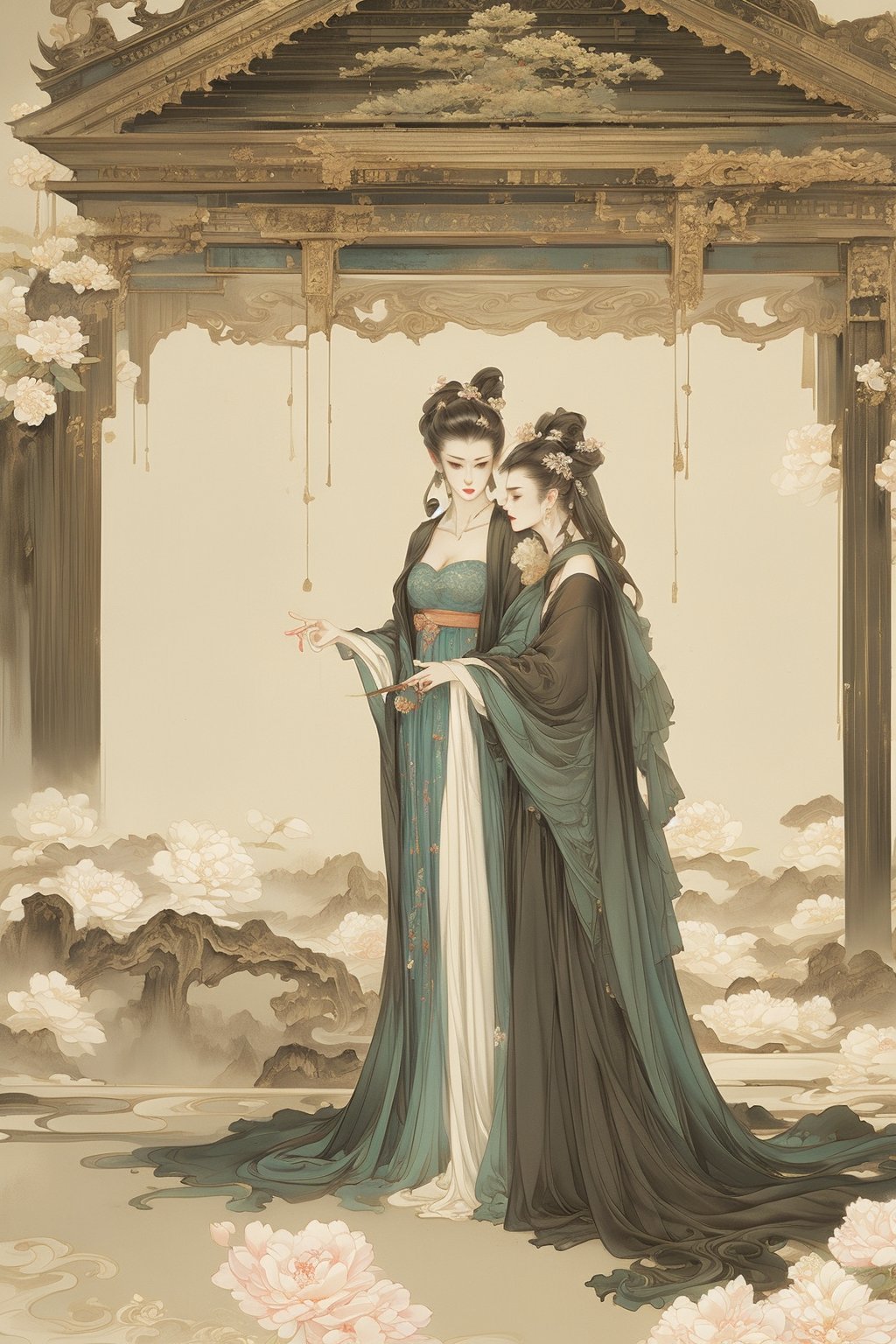 ((4k,masterpiece,best quality)),white,traditional chinese ink painting,1girl,((full body)),very long hair,hanfu,maxiskit,cleavage,((chiffon)),original,enchanting radiance,visual appeal,dynamic pose,((flowers,architecture,dreamlike)),indoors,window,Multi-Layered Textures,intricate details,aethetic,