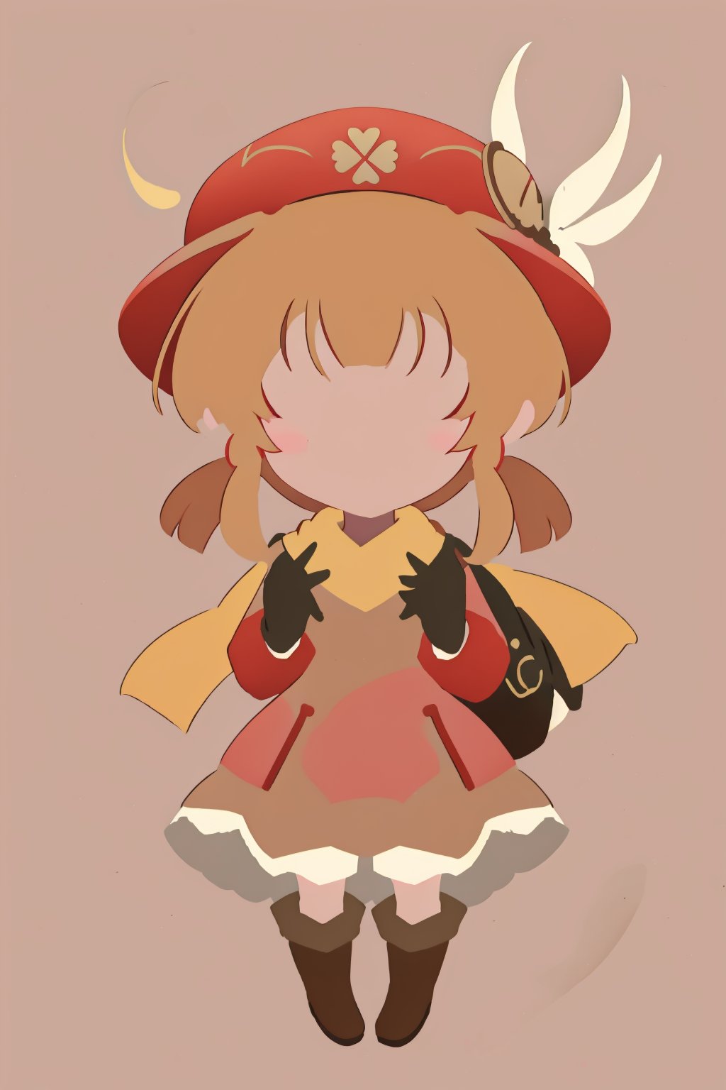 (anime minimalist,klee_genshin,masterpiece),chibi,cute,kawaii,little girl,brown scarf,clover print,hat feather,long sleeves,red coat,dress,bloomers,brown gloves,brown boots,randoseru,pocket,bag charm,no facial features,