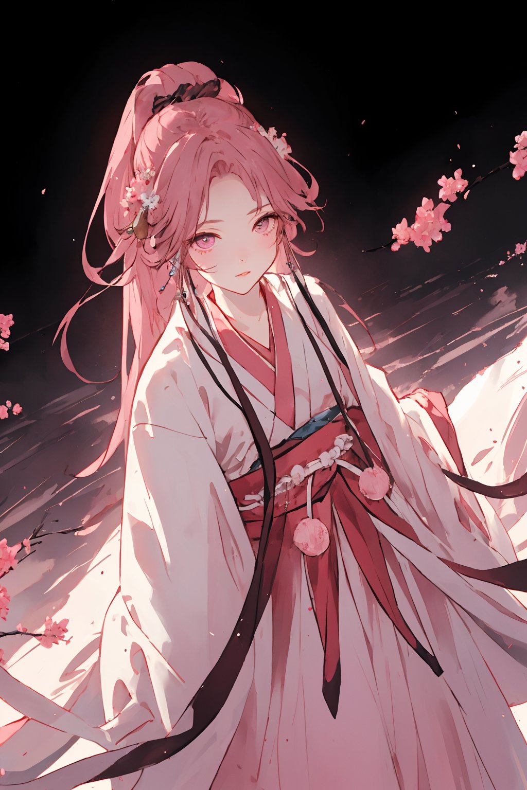 from above,1 girl,scenery,delicate facial features,aethetic,extremely excellent composition,8k Ultra HD,deep eyes,demure,pink hanfu,extremely detailed eyes,visual appeal,dynamic angle,dynamic pose,