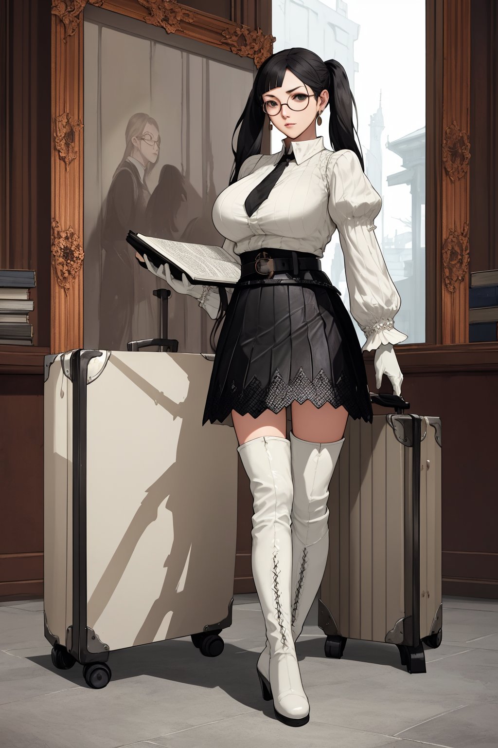 4K,masterpiece,best quality,1girl,full body,(((accord \(drakengard 3\)))),large breasts,black hair,long hair,low twintails,(blunt bangs),extremely detailed face,extremely detailed eyes,((glasses (round frame))),earrings,white collarless shirt,white detached collar,black ladies tie,long sleeves,juliet sleeves,(cufflinks),black gloves,belt,black flared skirt(short skirt),(white pantyhose),((black over-the-knee boots)),black lace-up front boots,(black high heels),huge suitcase,huge collectors briefcase,holding,book,holding book,open book,architecture,