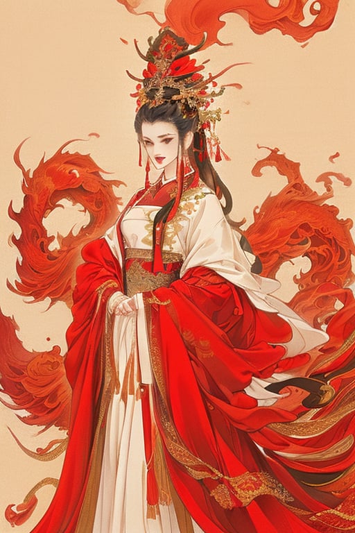 ((4K,extremely excellent composition,best quality)),traditional chinese ink painting,hanfu,Chinese bride wedding dress,phoenix crown,red theme,(base color: red),