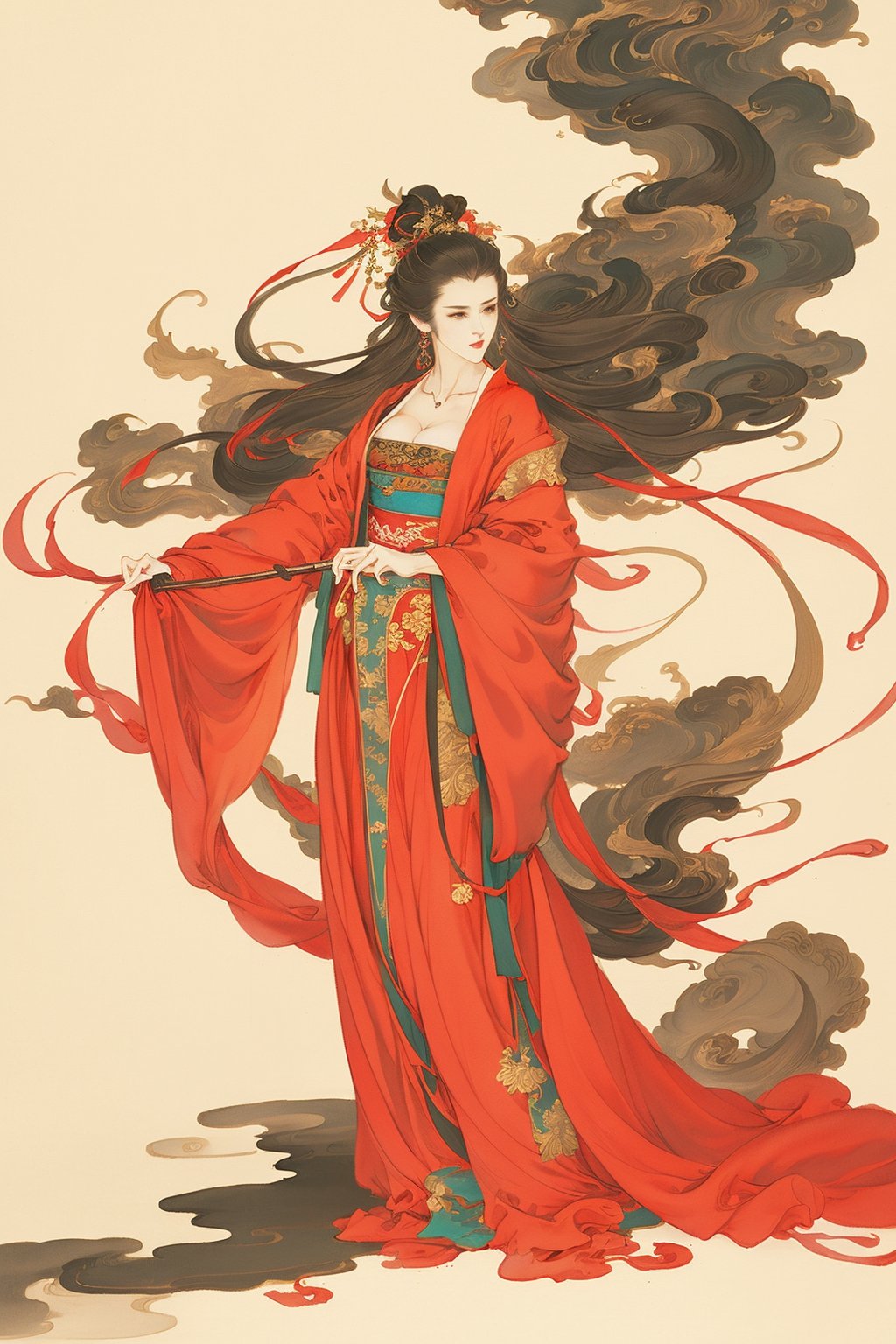 ((4k,masterpiece,best quality)),traditional chinese ink painting,1girl,(full body:1.3),very long hair,hanfu,detailed eyes,original,cleavage,chiffon,cliff,enchanting radiance,visual appeal,dynamic pose,fantasy,