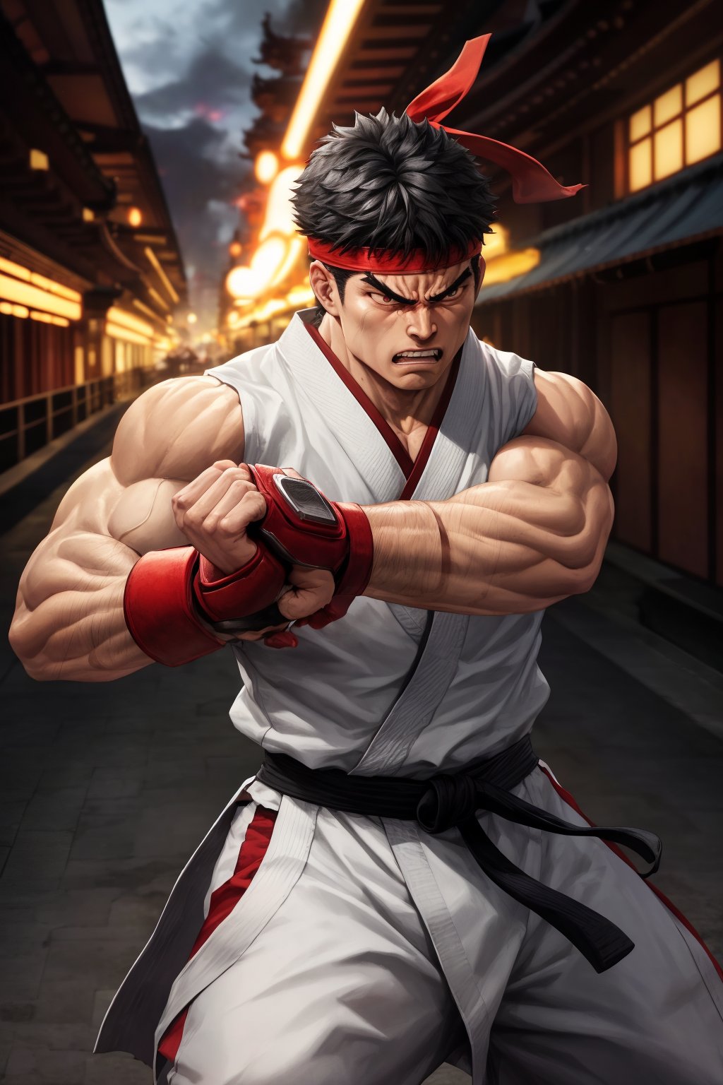 masterpiece,4K,best quality,(visual appeal),ryu \(street fighter\),(cowboy shot,black hair,short hair,detailed face,detailed eyes),red headband,white dougi,sleeveless,(torn clothes),white dojo pants,martial arts belt,red black fingerless gloves,barefoot,muscular,(standing),fighting stance,dynamic angle,dynamic pose,intense face,angry,clenched teeth,(motion blur,motion lines,mature,experienced,strong,glowing,electricity,east asian architecture),