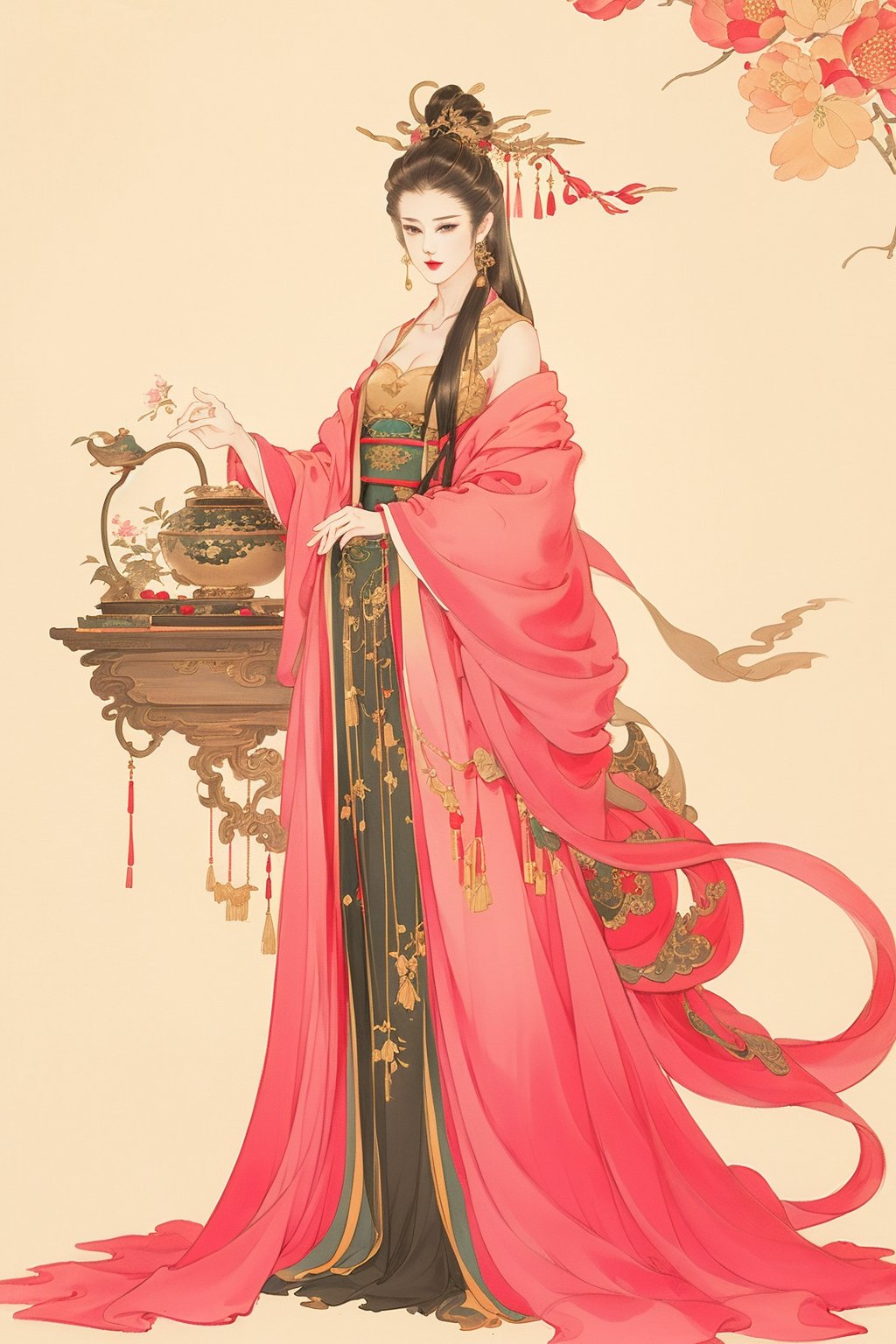 ((4k,masterpiece,best quality)),traditional chinese ink painting,1girl,(full body:1.3),very long hair,east asian architecture,slim,perfect body,glamour,hanfu,detailed eyes,original,(base color: pink),ancient dance,narrow skirt,off the shoulders,cleavage,