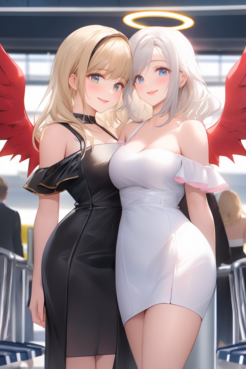 score_9, score_8_up, score_7_up, ,masterpiece,best quality,4K,group photo,(two girls,two people),((angel and devil)),same age,(cuddle),glamorous,gorgeous,beautiful,delicate facial features,detailed eyes,large breasts,smile,small mouth,airport,symmetrical docking,breast press.
A role : devil girl wearing ((black dress)),(little devil tail),white hair,long hair,long parted bangs\.
B role : angel girl wearing (white dress),halo,blond,bare shoulders\.