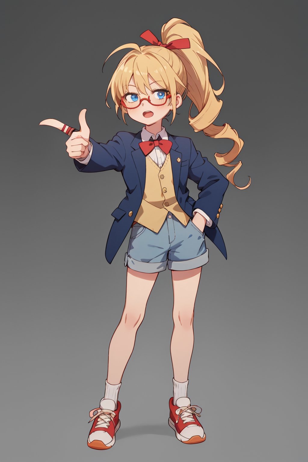 biscuit krueger\krueger biscuit\hunter x hunter\,(full body),standing,1girl,(solo,masterpiece,4k,best quality),pixiv,detailed eyes,(tiny girl,short stature),hair between eyes,ahoge,biskywz,blonde hair,bangs,ponytail,long hair,drill hair,hair ribbon,white shirt,(blue blazer),gray shorts,red sneakers,red bowtie,black rimmed glasses,(western style mansion,open mouth,one hand in pocket),((one hand pointing viewer)),