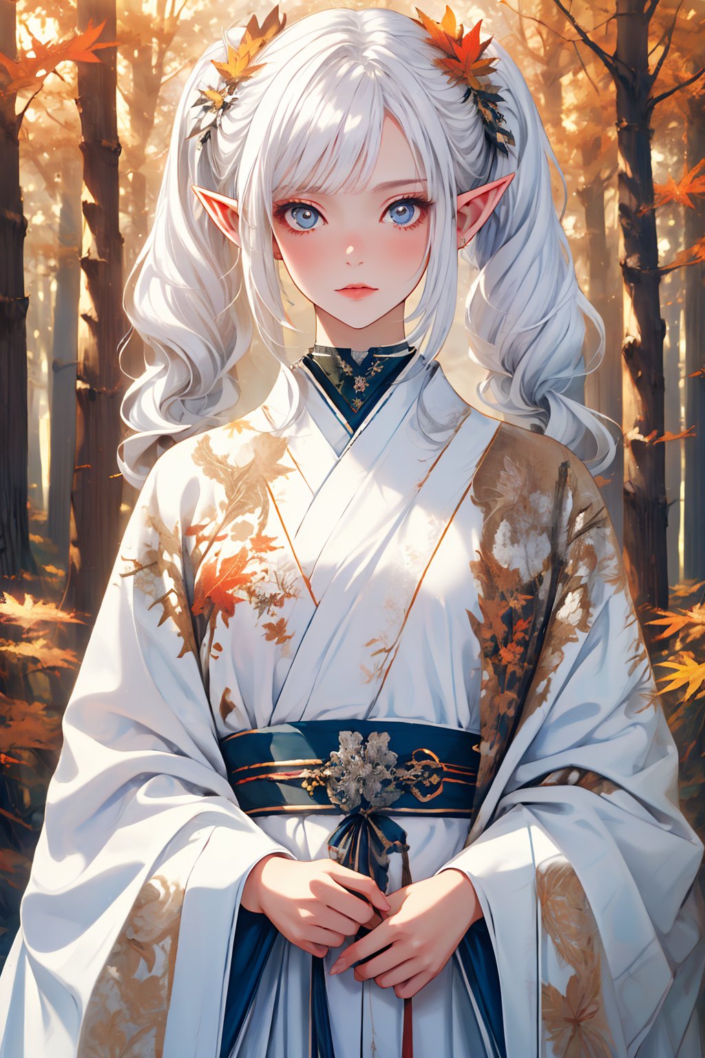 (masterpiece,best quality),((aesthetic,visual appeal)),(autumn,forest),(detailed eyes,beautiful),(light particles,play of shadow and light),(white robe),(twintails,white hair),(elegant posture,Elf),(beautiful female fingers),pointy ears,