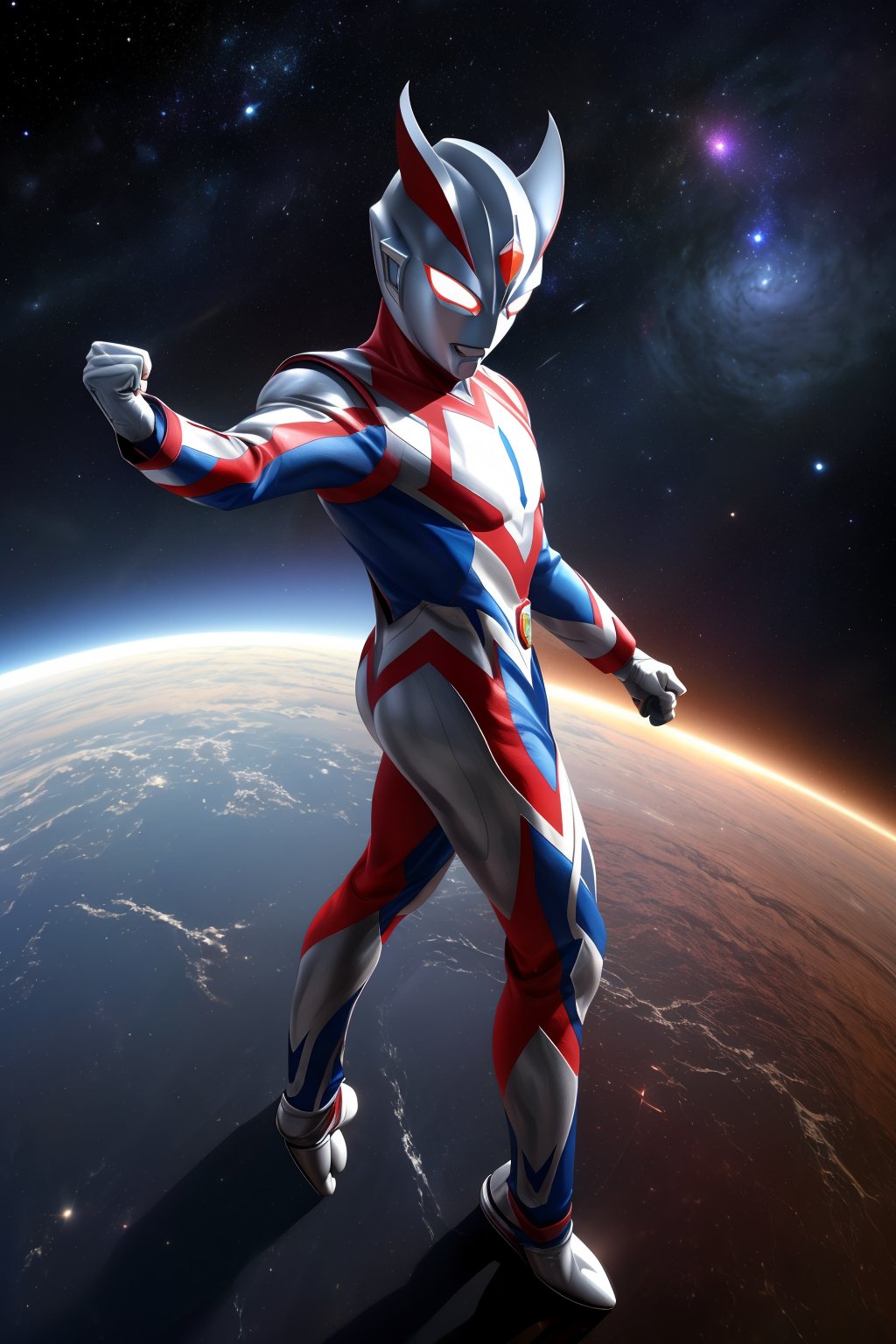 masterpiece,4K,best quality,(ultraman),(ultraman focus),(360 degrees photo to tiny planet),((from above)),360picture,(little planet),concept art,(standing on the planet),pose,(((hold one hand high))),(make a fist),(round planet),((universe background)),star,holding a planet,tiny planet,